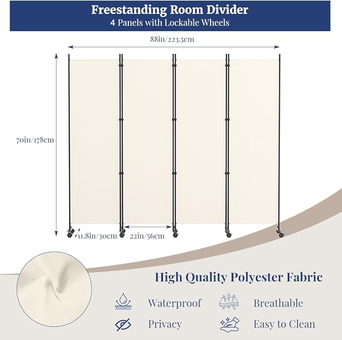 Kokorona 4 Panel Room Divider, 6FT Tall Rolling Privacy Screen with Lockable Wheels, Folding Wall Dividers Portable Room Divider for Room Separation, Included - Cover Strips, Beige, 88''W x 70''H