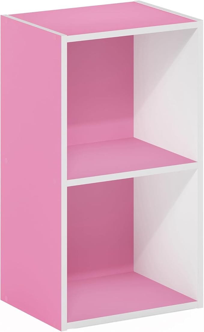 Furinno PASIR Book Shelf, 2-Tier Modern Bookshelf, Open Shelves Bookcase 9 x 12 x 21, for Living Room, Bedroom, Home Office, Pink/White