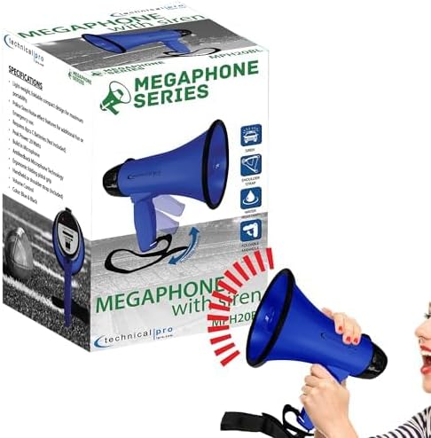 Technical Pro 20 Watts Lightweight Portable 300M Range Megaphone Bullhorn with Strap, Siren, and Volume Control, Good for Trainers, Soccer, Football, Baseball, Coaches