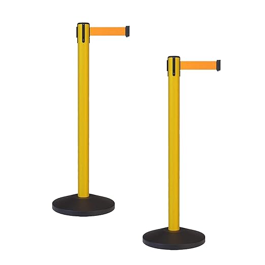 Crowd Control Warehouse - CCW Set of 2 Safety Retractable Belt Barrier Stanchion, Sloped Base, Yellow Post, RBB-100-9 ft Belt, Fluorescent Orange Belt