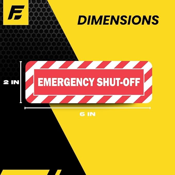 Emergency Shut Off Sign (Large) | Emergency Stop Stickers | Shut Off Valve Sign for Powered Machinery and Equipment - Heavy-Duty, Weatherproof, Ultra Durable – USA Made (6x2 inch), 20 Labels