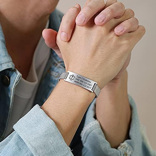 VNOX Medical Alert Bracelets for Men & Women Kids with Free Engraving Adjustable Stainless Steel Mesh Emergency Medical ID Bracelets Wristband