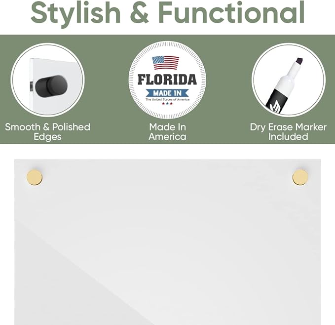 Ships Next Day, Made in USA - Acrylic Dry Erase Board | Non-Magnetic Dry Erase Board | Hanging Frameless White Board | Acrylic for Office, School and Home Walls | for Kids & Adults (White - 20x30)