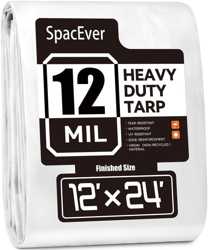 Tarp Heavy Duty 12x24 FT, 12 Mil Thick Large Tarps Water-Proof with Grommets, UV& Tear Resistant, Plastic Cover for Pool Roof Tent Outdoor Firewood, White