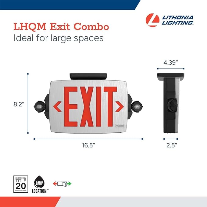 Lithonia Lighting Quantum LED Exit Sign Emergency Light Combo, Exit Sign and Emergency Lights for Business, 2-Head Fixture, Red/Green Selectable Letters, Brushed Silver (LHQM S BBS RG MVOLT M6)