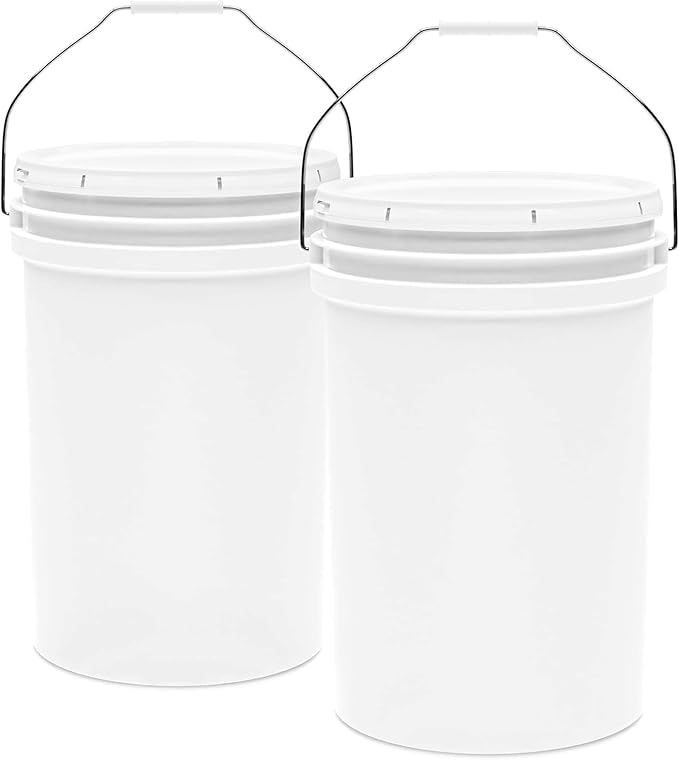 6.5-Gallon White Bucket Pail Container with Lid | Food Grade | Heavy-Duty 90MIL Extra Durable | Metal Handles with Plastic Grip for Easy Carrying | Multi-Use | Easy Stack and Store | BPA Free - 2 Pack