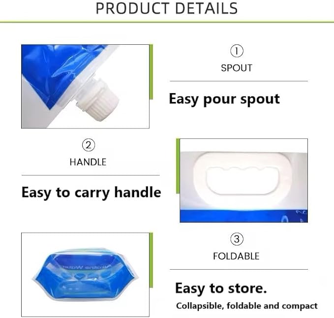 Foldable Water Carry Bags 1.3 Gallon / 5L | Pour Your Alkaline Water into AlkaFRESH +PH | Food Grade BPA Free No-Leak Plastic Container Collapsible Bag | Emergency Storage Jug, Freezable (10 PAK)