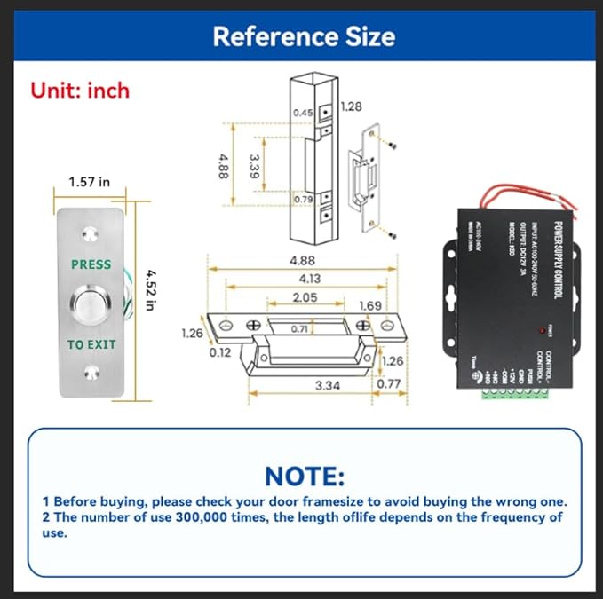 Upgraded Access Control Electric Strike Door Lock Kit, Fail-Secure/Fail-Safe Wireless Door Buzzer Entry System for Cylindrical Mechanical locksets,with Remote Control, Button, Buzzer, Power Adapter