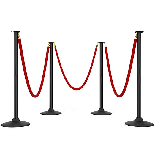 BATTIFE Plastic Stanchion Posts with Three Red Velvet Ropes and Weighted Rubber-Plastic Base, Crowd Control and Queue Management Barrier Poles for Party, Event, Red Carpet (4 Pack)
