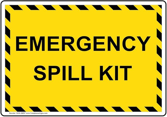 ComplianceSigns.com Emergency Spill Kit Label Decal, 5 x 3.5 inch 4-Pack Vinyl for Hazmat Industrial Notices Facilities, American Made Safety Stickers