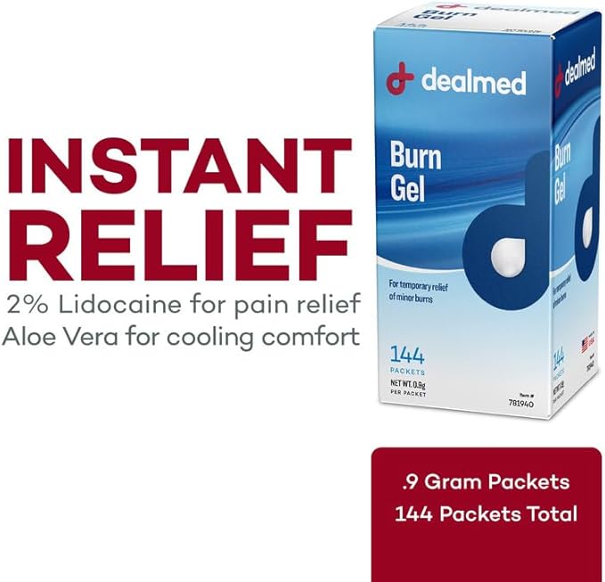 Dealmed First Aid Burn Gel – First Aid Gel for Temporary Relief of Minor Burns, Cuts, and Scrapes, 144 Packets/Box (.5g) - Case of 12