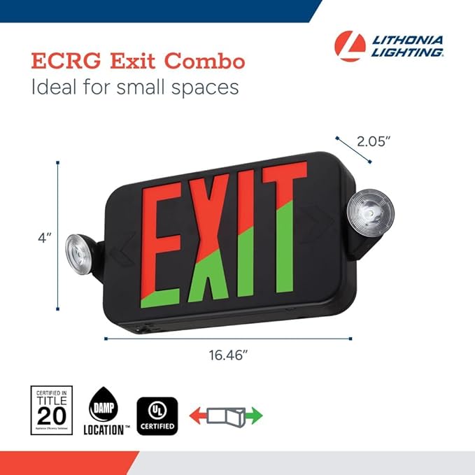 Lithonia Lighting ECRG Basics LED Exit Sign/Emergency Light Combo, Red/Green Switchable Exit Sign and Emergency Lights for Business, 2-Head Fixture, Round Lamp Heads, Black