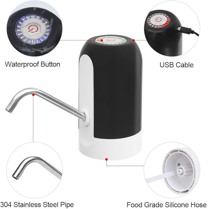 CHIVENIDO 5 Gallon Water Dispenser - Water Bottle Pump with Reusable Caps for Screw Top or Crown Tops, USB Charging Water Jug Dispenser for Universal 2-5 Gallon Bottle