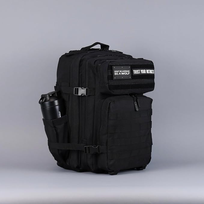 WOLFpak 45L Athletic Gym Backpack - Durable 1000D Waterproof Oxford Material with MOLLE Webbing, Laptop Pocket & Dual Cup Holders, Durable Fitness/Travel/Military Daypack (Alpha Black)