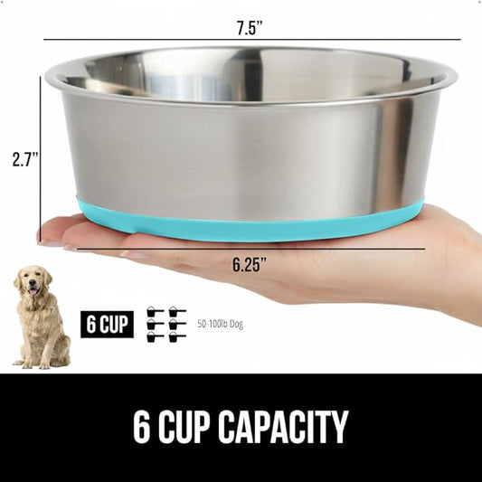 GORILLA GRIP Dog Bowl, Holds 6 Cups (48 fl oz), Heavy Duty Metal Food and Water Bowl for Feeding Dogs and Cats, Dishwasher Safe, Rust Resistant Stainless Steel, BPA Free Rubber Base, Turquoise