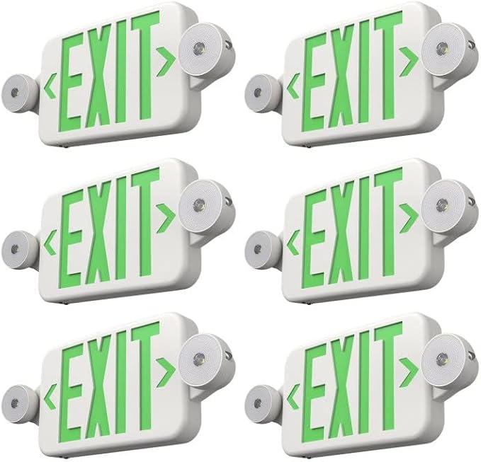 FREELICHT 6 Pack Green Exit Sign with Emergency Lights, Two LED Adjustable Head Emergency Light with Battery, Exit Sign for Business