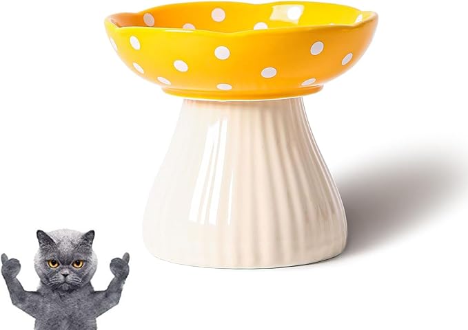 Mushroom Cat Bowl, Elevated Cat Food & Water Bowl, Lead & Cadmium Free Ceramic - Yellow