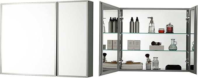 Blossom 30x26 Inch Aluminum Medicine Cabinet with Mirror – Recessed or Surface Wall Mounted Bathroom Storage with Adjustable Glass Shelves, Soft Close Hinges, Rust-Resistant and Modern Mirrored Design