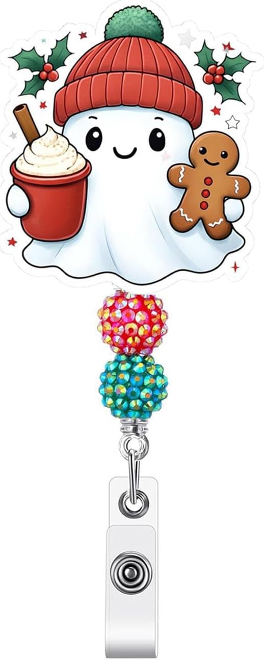 Retractable Christmas Badge Reel Funny Ghost Badge Holder with Bead Gingerbread Man Holly Leaves ID Name Tag with Alligator Clip Xmas Decorative Acrylic Badge Clip for Nurse Volunteer Student Staff