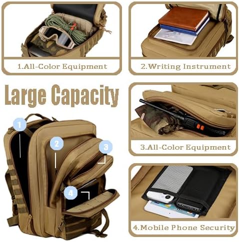 Military Tactical Backpack, Large Black MOLLE Assault Pack with American Flag Patch, 45L Waterproof Rucksack for Outdoor Hiking Camping (Green)