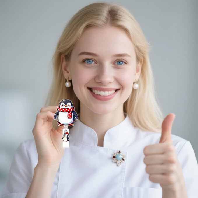 Cute Penguin Badge Reel for ID Card, Funny Christmas Winter Penguin Retractable Nurse Alligator Clip Badge Reel for Women, ID Name Tag Badge Holder for Office School Hospital Nurses Doctors Teachers