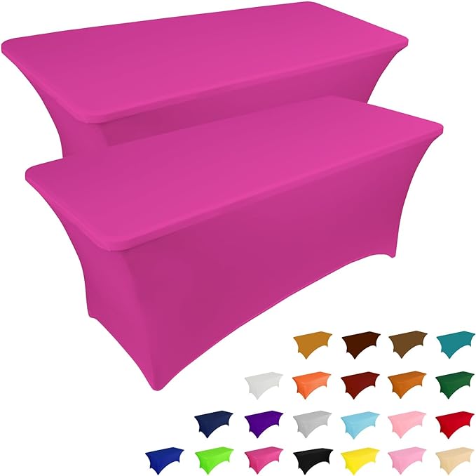 IVAPUPU 2 Pack 8FT Table Cloth for Rectangular Fitted Events Stretch Fuchsia Table Covers Washable Cover Spandex Tablecloth Protector for Party, Wedding, Cocktail, Banquet, Festival