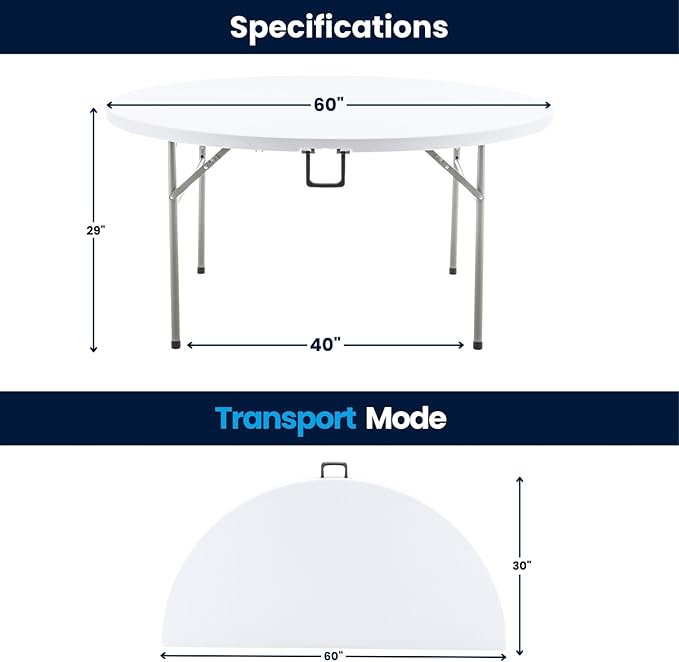 BTEXPERT White 5 Ft 60inch Round Plastic Folding Table Commercial Portable Indoor Outdoor Accessory for Patio Backyard Dining Wedding Party Events Home Kitchen