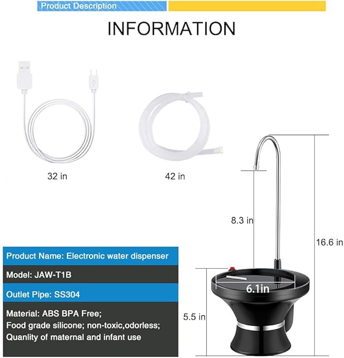 Drinking Water Dispenser Pump, Automatic Electric Drinking Water Bottle Pump for 2-5 Gallon Water Jugs, USB Rechargeable with 2 Switch Control, Stable and Portable for Home, Kitchen, Office, Camping