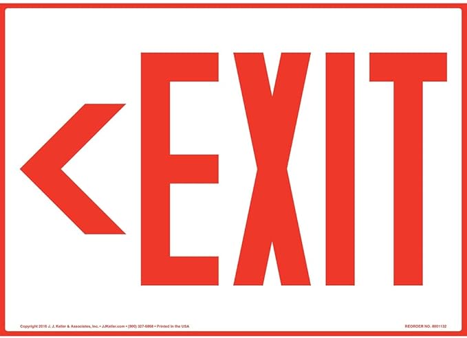 Directional Exit Left Exit Sign, 12" x 8.5" Permanent Self Adhesive Vinyl with Rounded Corners for Indoor and Outdoor Use, J. J. Keller & Associates, Inc.