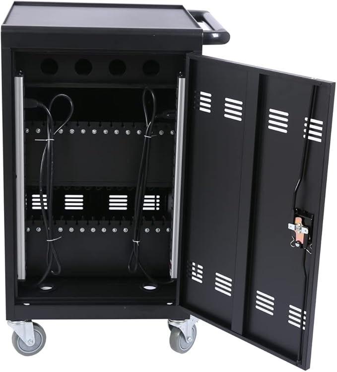 36-Device Mobile Charging Cart with Charging Power Strip and Front and Rear Access Locks, Cable Management, Up to 17"", Safe Charging Cabinet for Ipads, Chromebooks, Tablets, Laptops Black