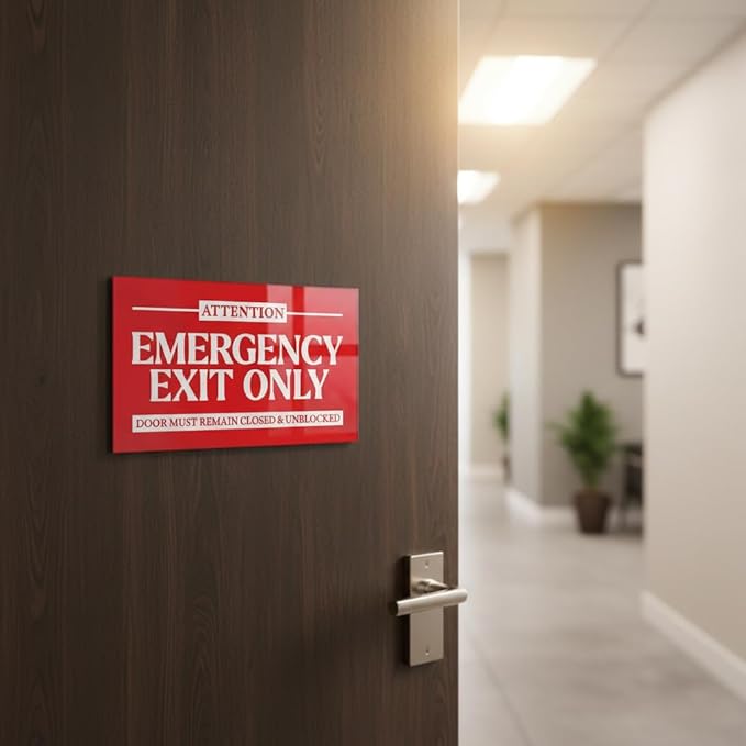 Premium Acrylic Emergency Exit Only Sign, Made in USA, 7.0x4.25 Emergency Exit Sign, Vibrant Red In Case of Fire Exit Signs for Business, Door Must Remain Closed & Unblocked Signs with Stickers