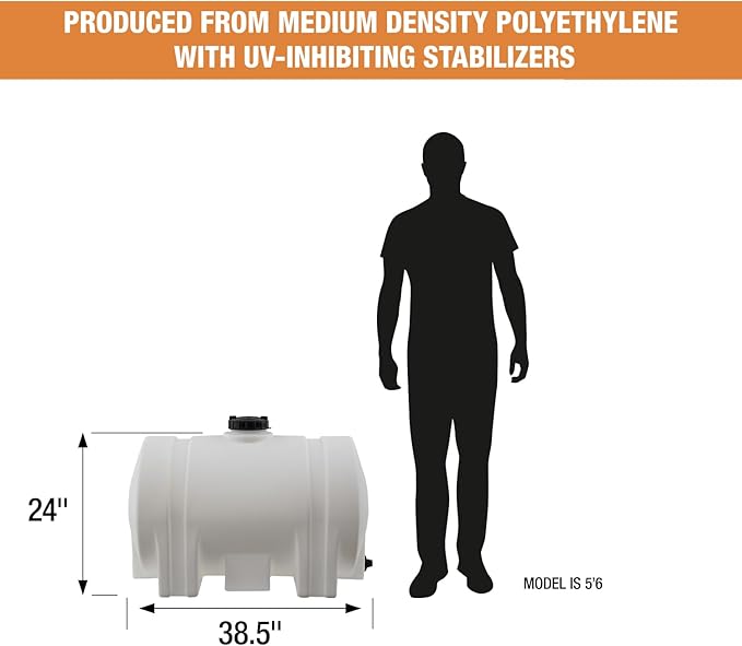 RomoTech 60 Gallon Polyethylene Storage Tank with Legs–Heavy-Duty Horizontal Water Storage Tank for Farms, Industrial or Chemical Use–UV-Resistant, Rustproof, BPA-Free Plastic Liquid Tank, 82123939