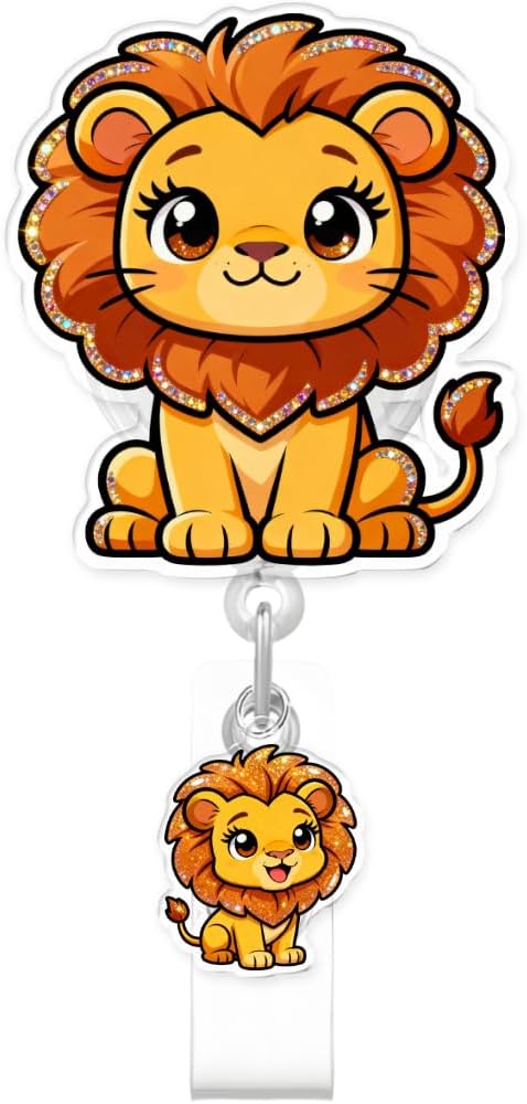 Cute Lion Badge Reel for ID Card, Funny Animal Lion Retractable Nurse Alligator Clip Badge Reel for Women, ID Name Tag Badge Holder for Office School Hospital Nurses Doctors Teachers