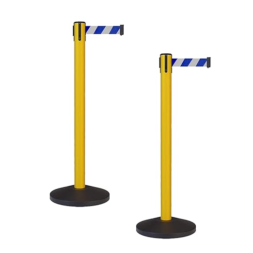 Crowd Control Warehouse - CCW Set of 2 Safety Retractable Belt Barrier Stanchion, Sloped Base, Yellow Post, RBB-100-11 ft Belt, Blue and White Diagonal Belt