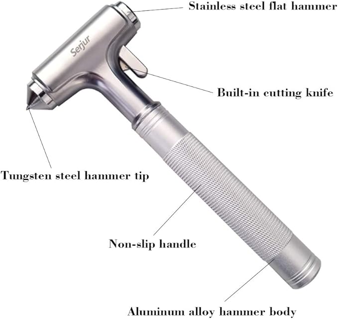 All Metal Safety Hammer with Window Breaker and Seatbelt Cutter - 3-in-1 Emergency Escape Tool for Car, Heavy-Duty Aluminum Alloy Car Accessories for Men, Essential for Emergency Car Kit (1pc)
