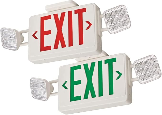 Lithonia Lighting Basics LED Exit Sign/Emergency Light Combo, Red/Green Switchable Exit Sign and Emergency Lights for Business, 2-Head Fixture, Square Lamp Heads, White (ECRG SQ M6)