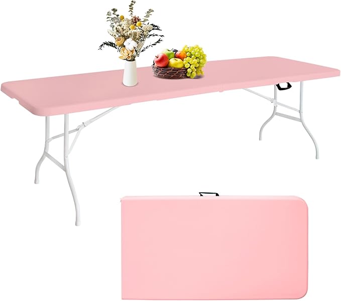 Portable 8Ft Plastic Folding Table, Heavy Duty 8ft Fold-in-Half Table with Carrying Handle, 8' Folding Utility Foldable Table for Picnic Party Camping Kitchen, Indoor/Outdoor (Pink)