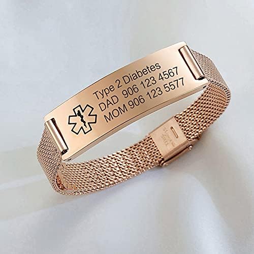 VNOX Medical Alert Bracelets for Men & Women Kids with Free Engraving Adjustable Stainless Steel Mesh Emergency Medical ID Bracelets Wristband