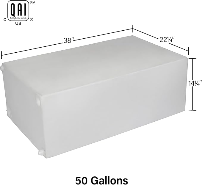 50 Gallon RV Fresh Water Tank, Potable Water Storage Tank for Drinking, Cooking, Cleaning, Showering, for Campers, Trailers, Motorhomes, RVs, Cube Shape, 38" x 22.25" x 14.25" (WT-1177)