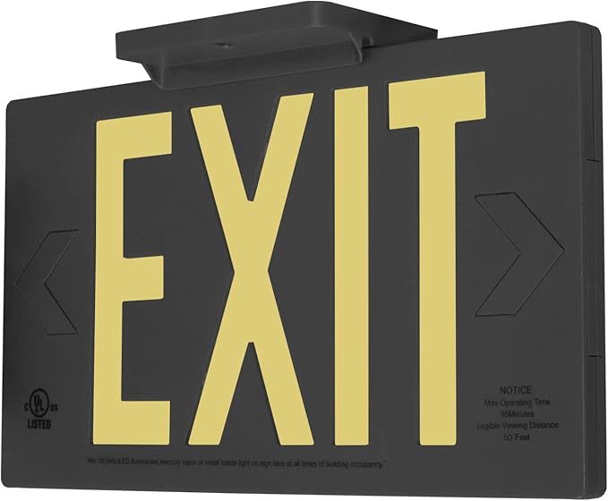 LFI Lights® UL 924 Listed 50’ Photoluminescent Exit Sign, Black Thermoplastic Housing, Single Sided, Wall, Ceiling or Side Mount, Optional Arrows, Glow in the Dark, No Power or Battery Needed, PA3B50S