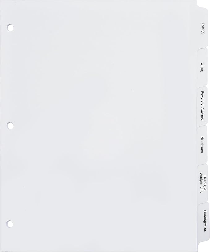 Exhibitindexes® Estate Planning Dividers – White 6-Tab Set for 3-Ring Binders | Keep Important Documents Organized | Made in The USA