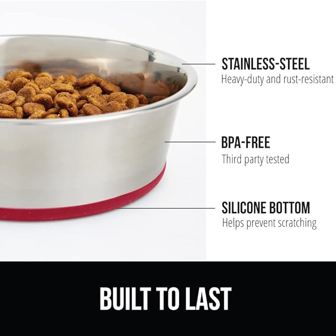 GORILLA GRIP Dog Bowl, Holds 6 Cups (48 fl oz), Heavy Duty Metal Food and Water Bowl for Feeding Dogs and Cats, Easy Clean, Dishwasher Safe, Rust Resistant Stainless Steel, BPA Free Rubber Base, Red
