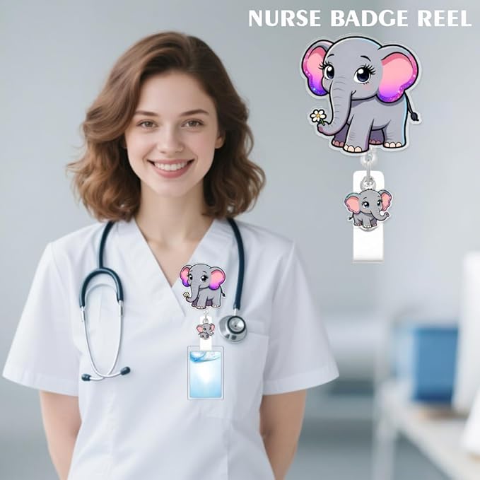 Cute Elephant Badge Reel for ID Card, Funny Flower Elephant Retractable Nurse Alligator Clip Badge Reel for Women, ID Name Tag Badge Holder for Office School Hospital Nurses Doctors Teachers
