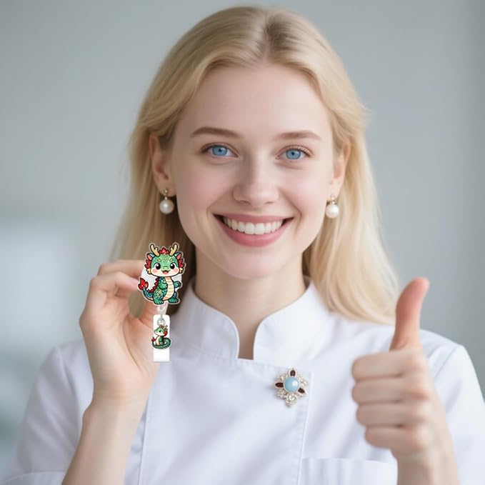 Cute Dragon Badge Reel, RN Badge Buddy, Funny Dragon ID Work Badge Holder with Retractable Alligator Clip Accessories for LPN CNA MA Nurse Doctor Nursing Student Teacher, and Medical Workers