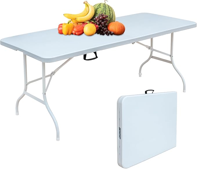 Portable 6Ft Plastic Folding Table, Heavy Duty 6ft Fold-in-Half Table with Carrying Handle, 6' Folding Utility Foldable Table for Picnic Party Camping Kitchen, Indoor/Outdoor (White)