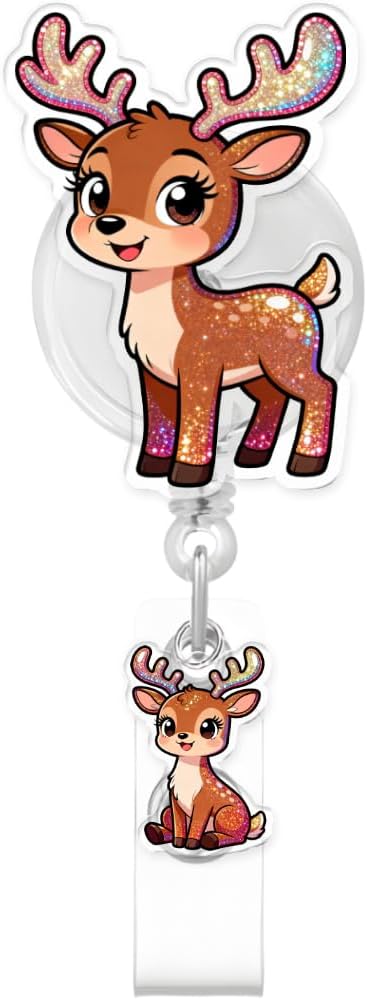 Cute Elk Badge Reel for ID Card, Funny Animal Christmas Elk Retractable Nurse Alligator Clip Badge Reel for Women, ID Name Tag Badge Holder for Office School Hospital Nurses Doctors Teachers