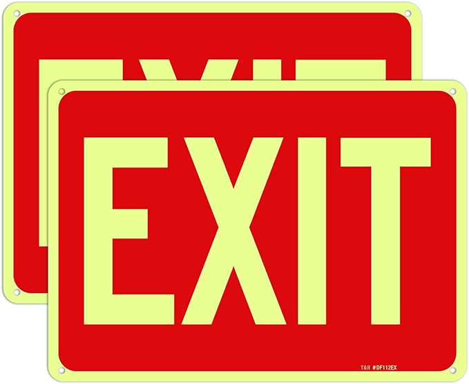 T&R Exit Sign - 2 Pack - 10 x 7 Inches Rust Free .040 Aluminum Glow-In-The-Dark - UV Protected, Waterproof, Weatherproof and Fade Resistant - 4 Pre-drilled Holes