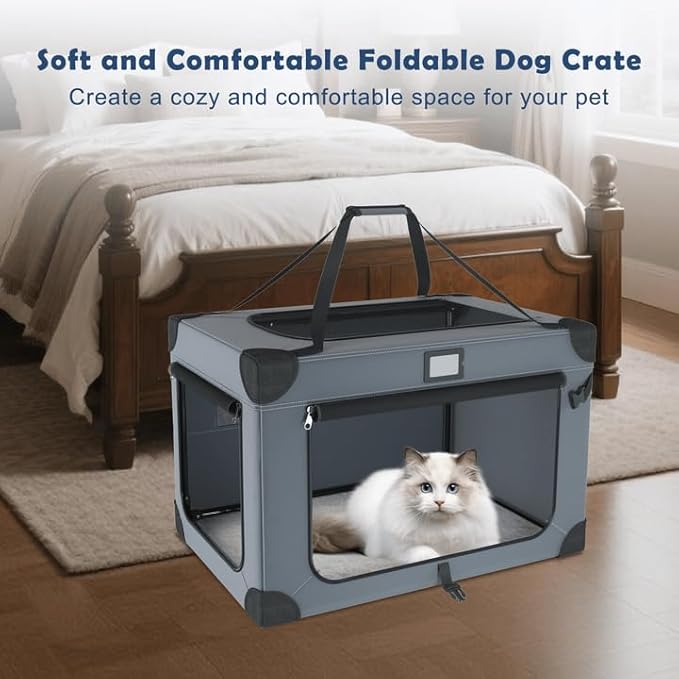 24 Inch Portable Collapsible Dog Crate, Foldable Soft Dog Kennel with Soft Warm Blanket and Foldable Bowl for Large Cats & Small Dogs, Indoor & Outdoor Travel