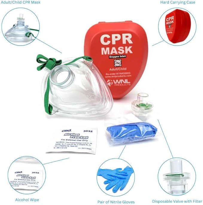 WNL Products FAK5000G-BUNDLE Adult/Child CPR Rescue Mask Kit with CPR Keychain - Hard Case CPR Mask with One-Way Valve, Gloves, Antiseptic Wipe, and Face Shield Keychain Barrier - Bundle