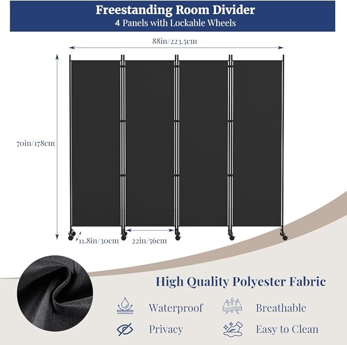 Kokorona 4 Panel Room Divider, 6FT Tall Rolling Privacy Screen with Lockable Wheels, Folding Wall Dividers Portable Room Divider for Room Separation, Included - Cover Strips, Black, 88''W x 70''H